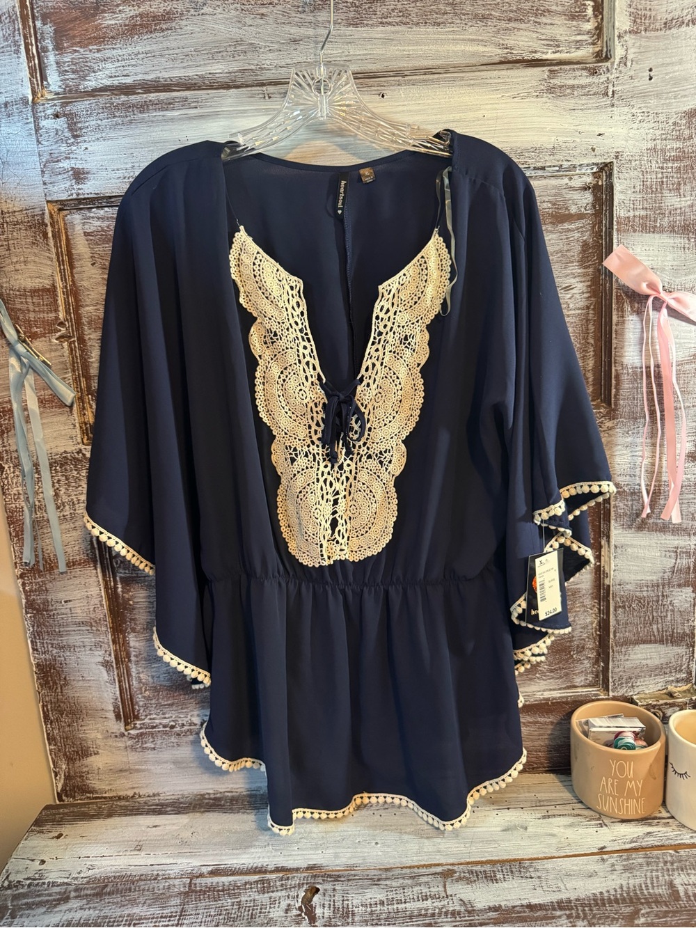 HeartSoul Navy Blouse with Cream Crochet Trim